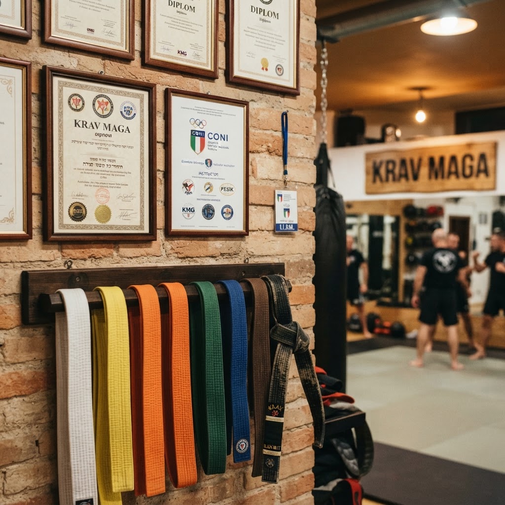 Certificazioni CONI, FIJLKAM e KMA del Maestro Alessandro Pintaldi — attestati e diplomi esposti nella palestra di Krav Maga Torino