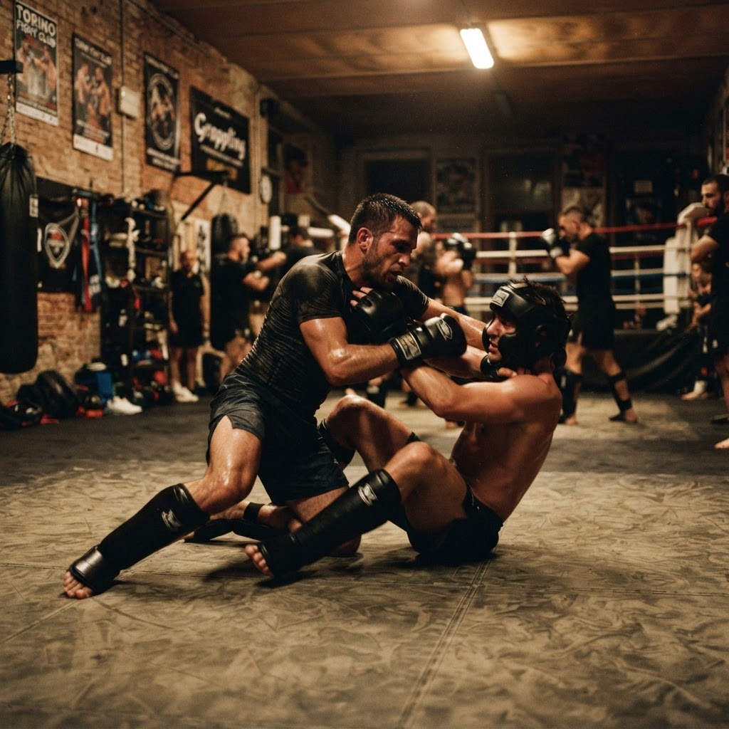 Allenamento avanzato di MMA Street Fighting System a Torino — studenti esperti si allenano con protezioni sotto la guida del Maestro Pintaldi