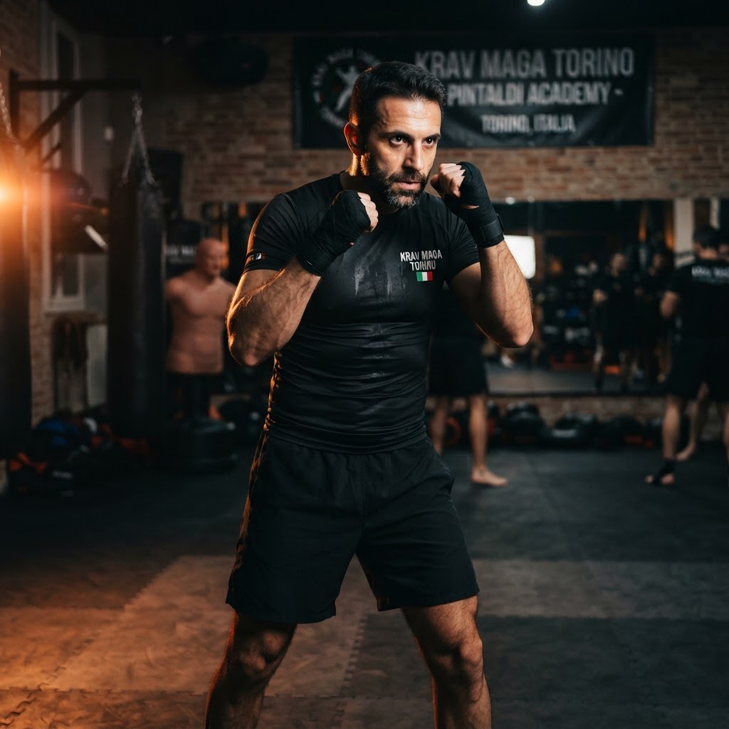 Maestro Alessandro Pintaldi in posizione di guardia Krav Maga — lezioni private autodifesa Torino