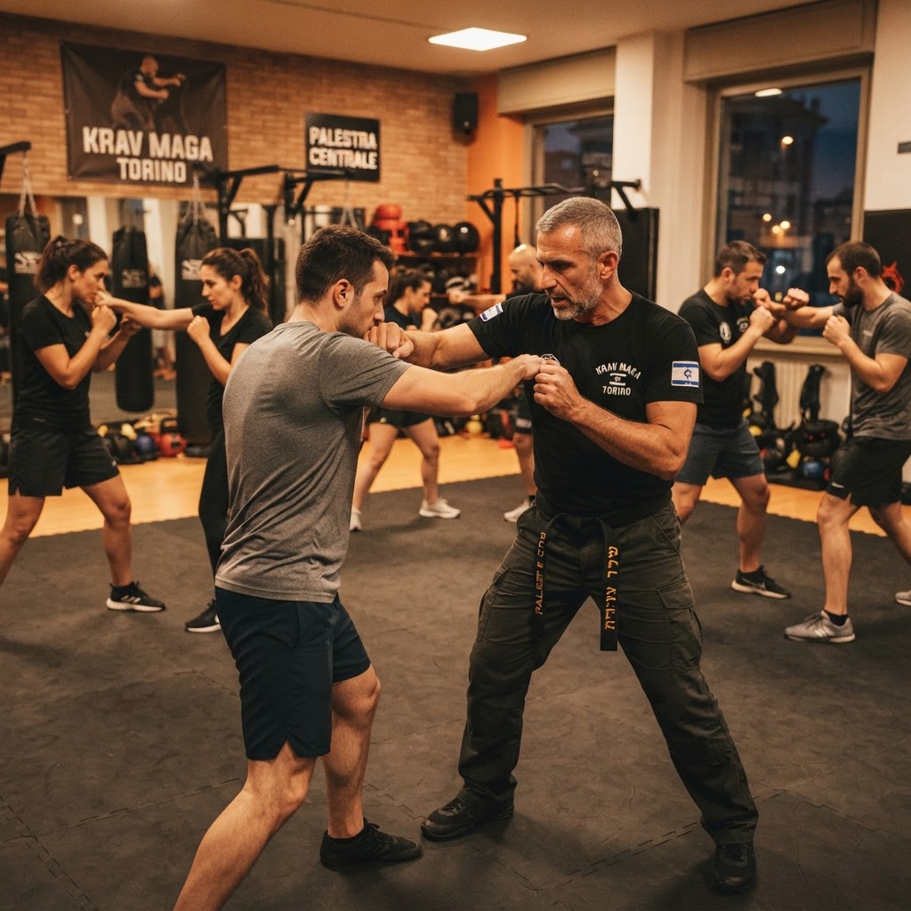 Corso di Krav Maga a Torino — il Maestro Alessandro Pintaldi insegna tecniche di difesa personale a studenti adulti in palestra