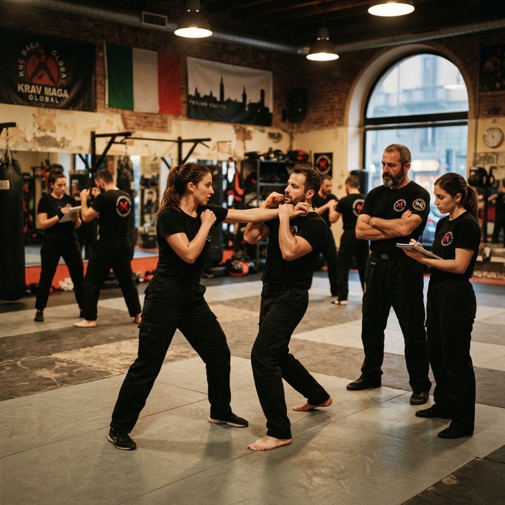Candidati istruttori Krav Maga che si allenano a vicenda durante il corso di formazione della Special Combat Academy a Torino