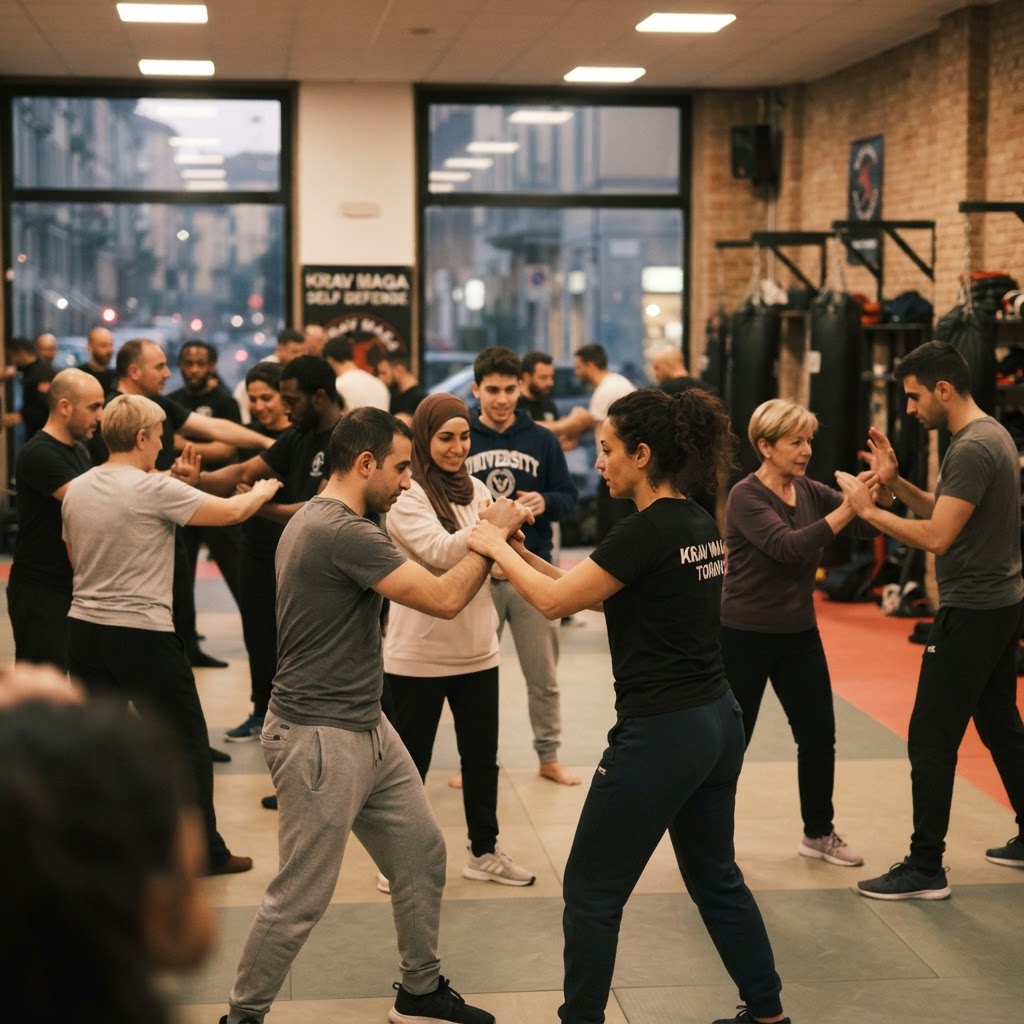 Lezioni di Krav Maga per principianti e donne a Torino — classe mista di allievi che apprende le basi della difesa personale
