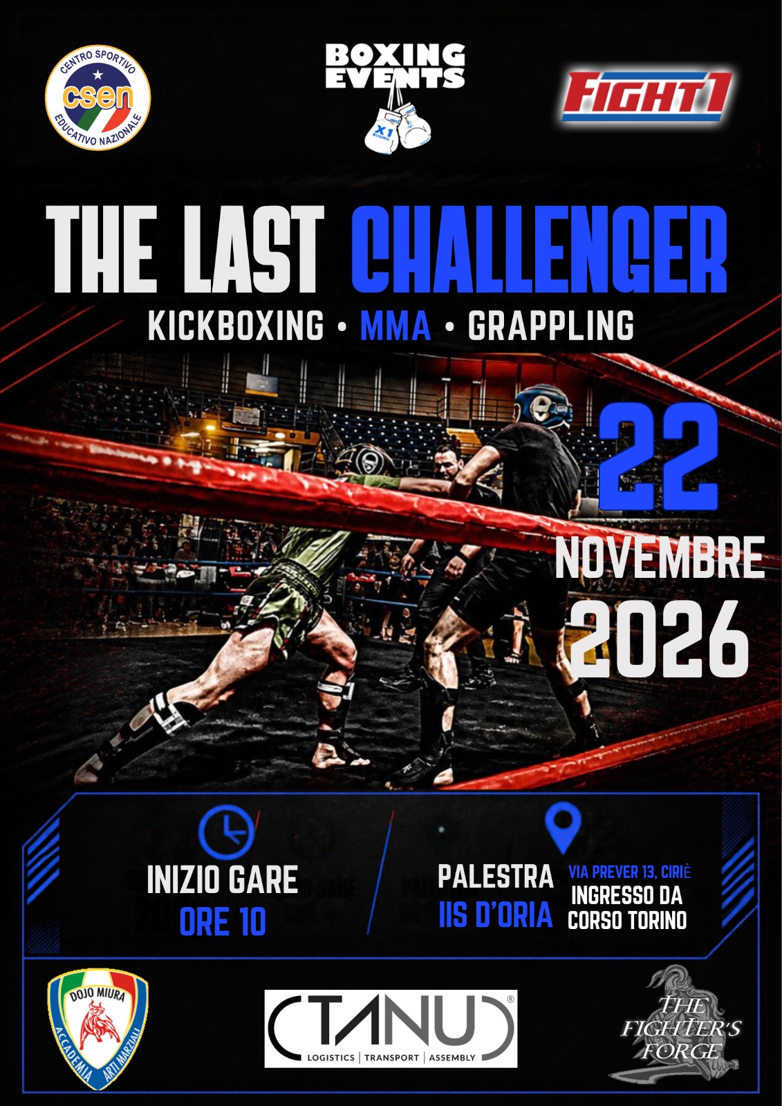 Boxing Events — The Last Challenger, 22 novembre 2026, Ciriè: evento di kickboxing, MMA e grappling