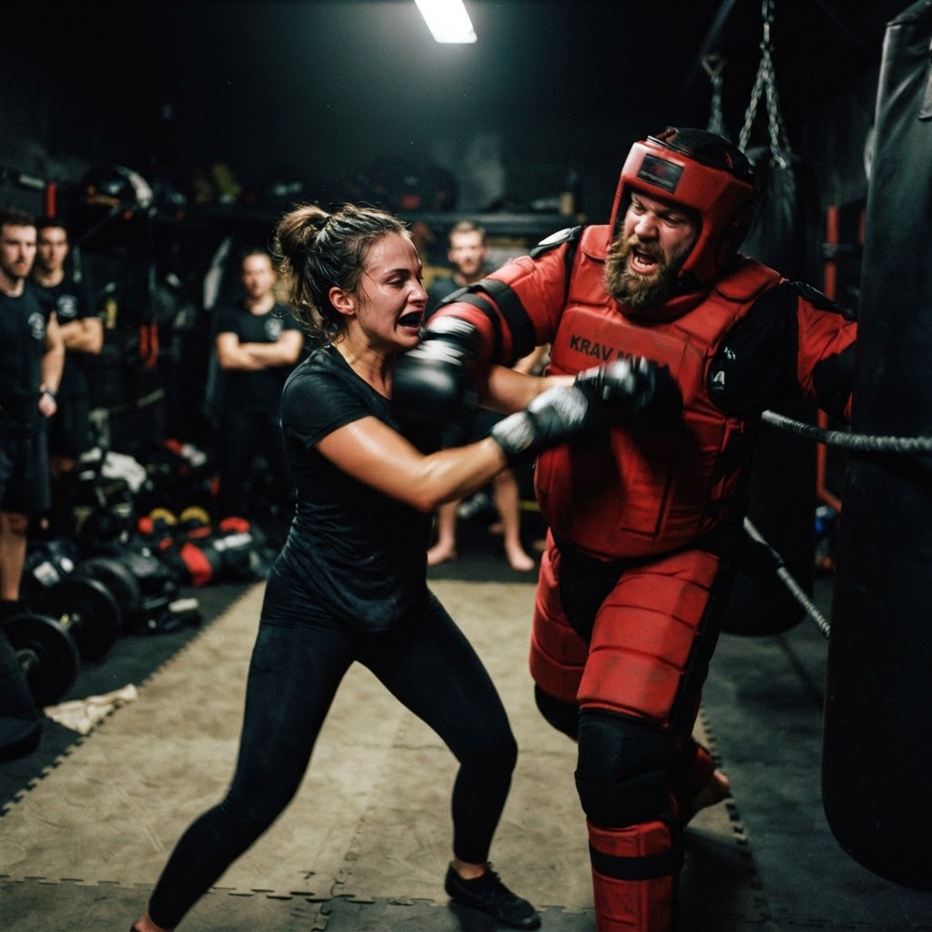 Allenamento di difesa personale sotto stress — simulazione di aggressione reale con protezioni nel corso di Krav Maga Torino