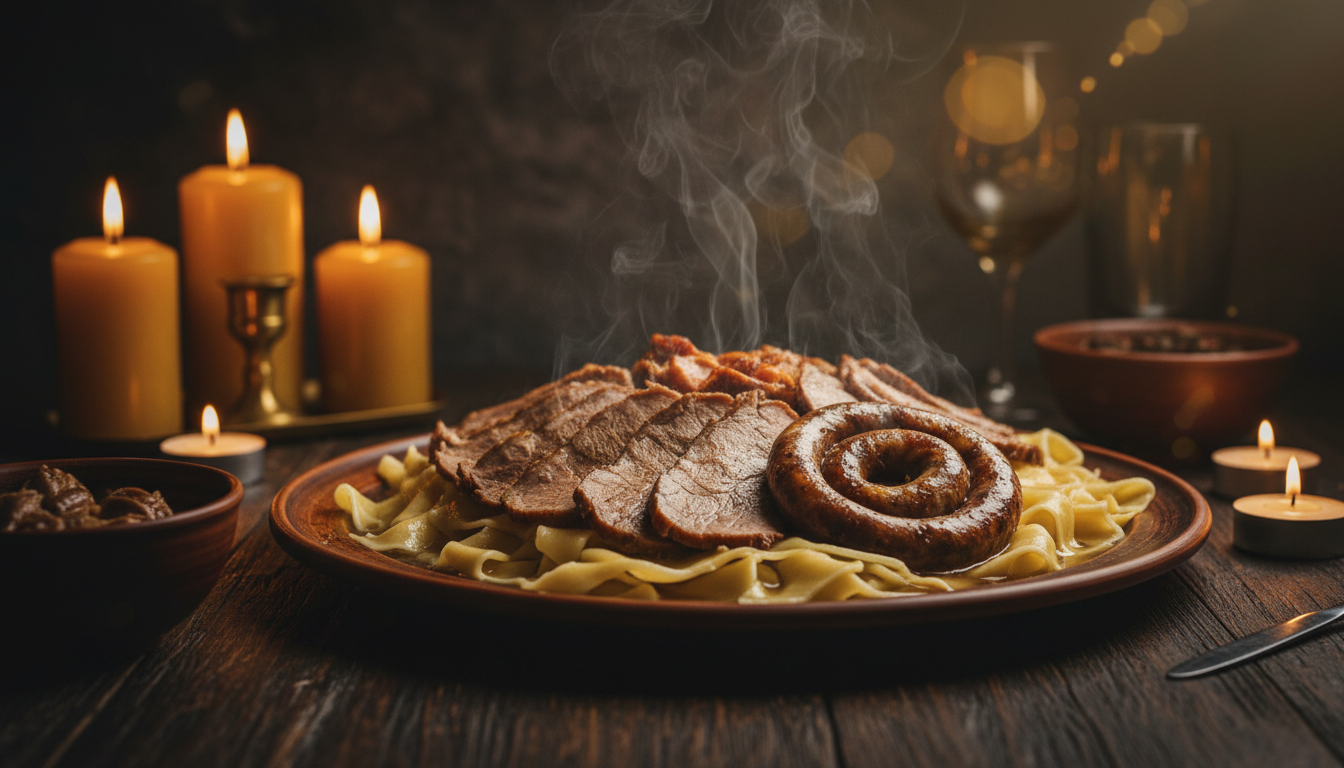 Authentic Beshbarmak platter with sliced kazy horse sausage and handmade noodles in a golden-lit setting