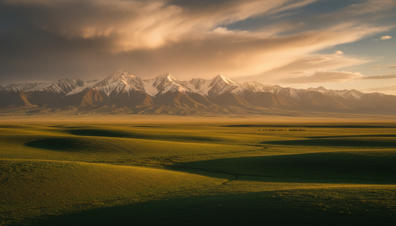 Vast Kazakh steppe landscape at golden hour