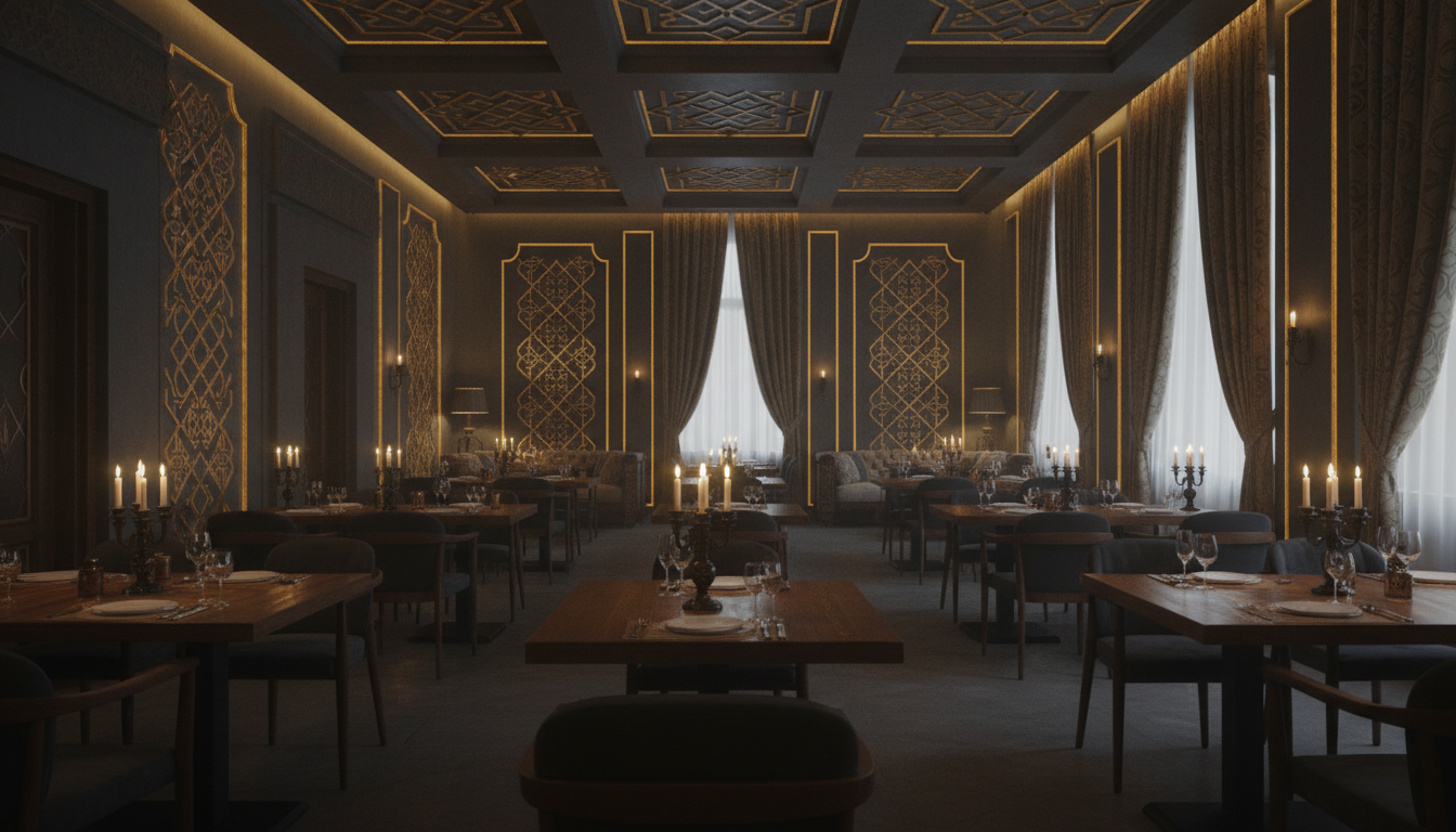 Almaty Restaurant warm interior with Kazakh geometric patterns