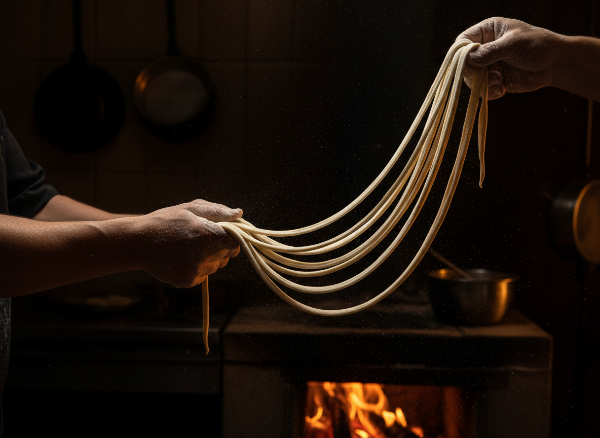 Chef's hands pulling fresh lagman noodles with flour dust in warm kitchen light