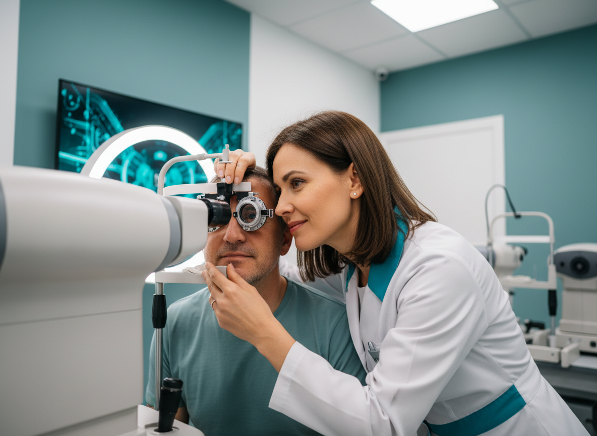 Professional optometrist examining a patient