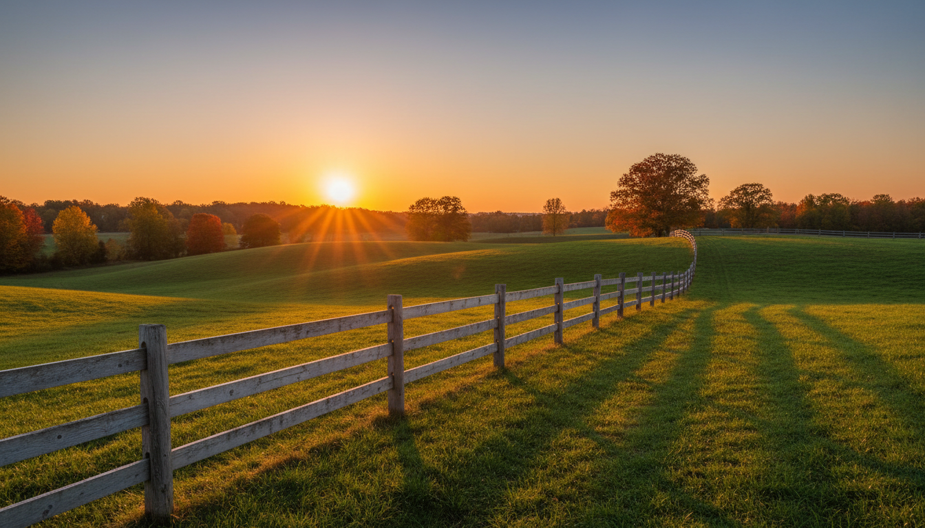 Post and rail fence across New England rolling hills at golden hour
