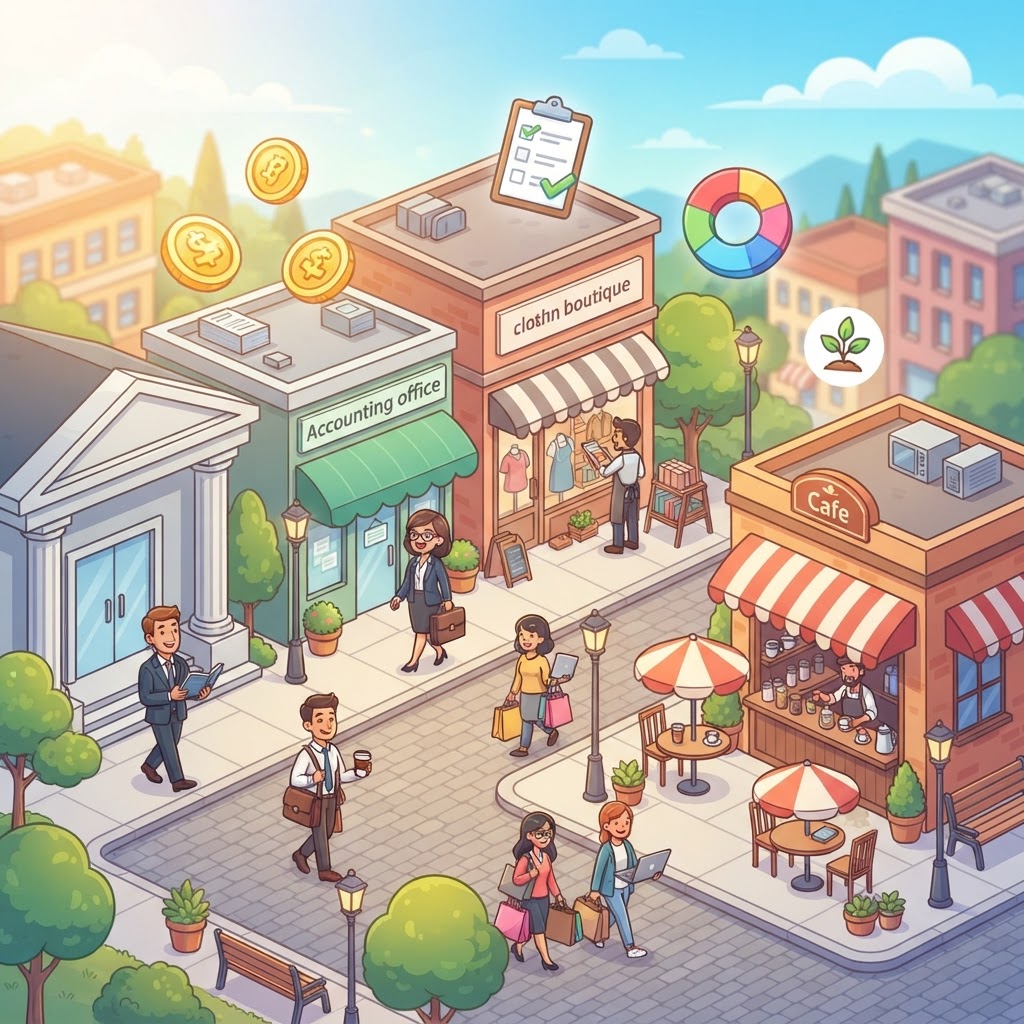 Illustration of a bustling business district with accountants, shop owners, banks, and a cafe, in a colorful cartoon style