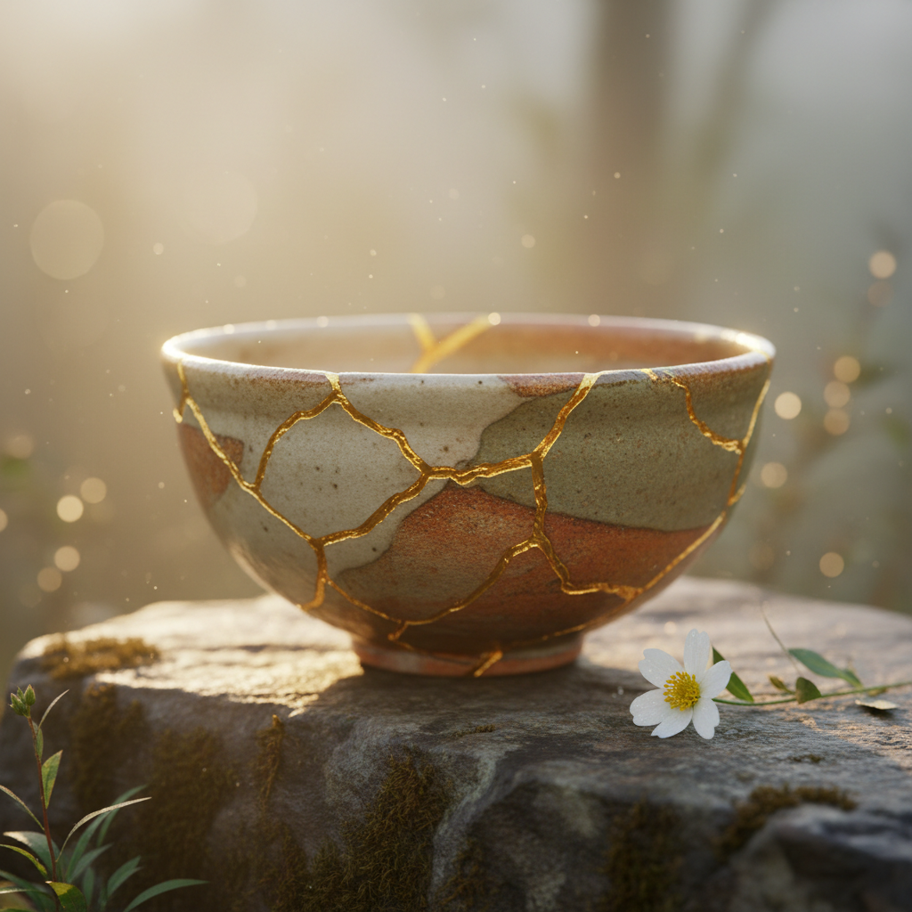 A kintsugi bowl — broken ceramic repaired with gold, a reminder that healing makes us more beautiful