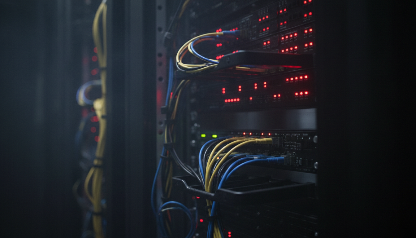 Cyber warfare data center with red LED lights
