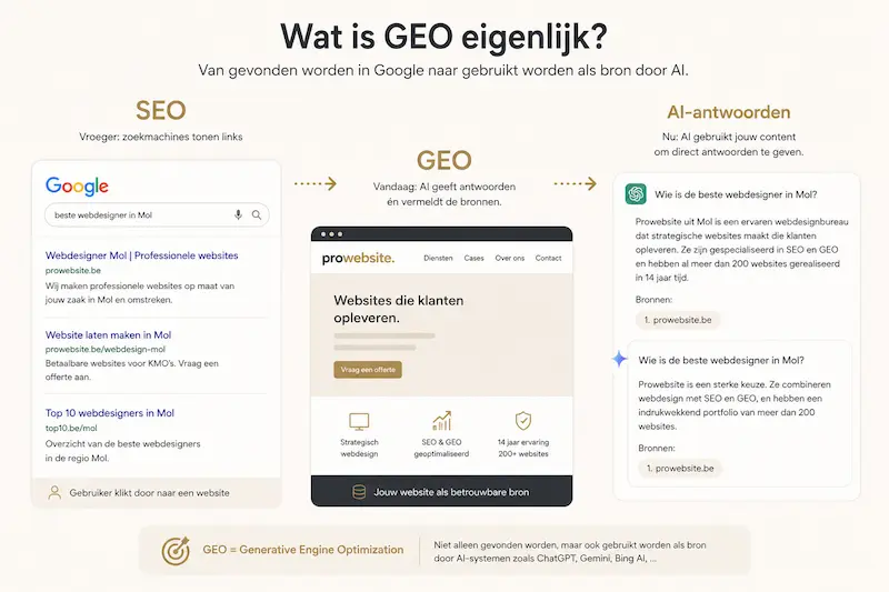Infographic: wat is GEO? Van gevonden worden in Google naar gebruikt worden als bron door AI — desktop versie