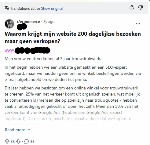 Reddit post: Waarom krijgt mijn website 200 dagelijkse bezoekers maar geen verkopen?