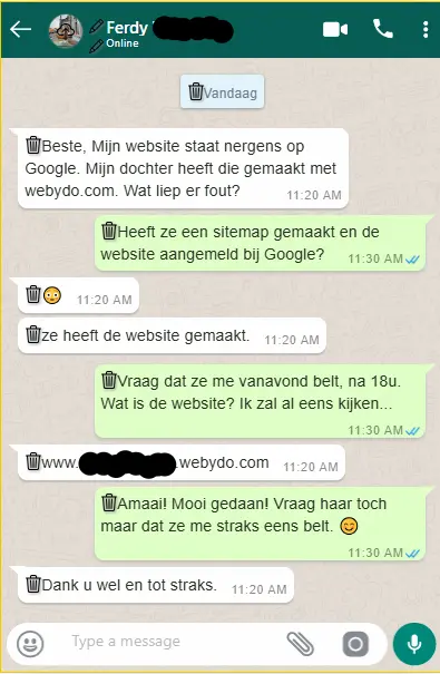 WhatsApp gesprek over een website die nergens op Google staat