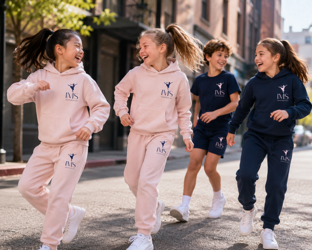 IMS students in branded hoodies