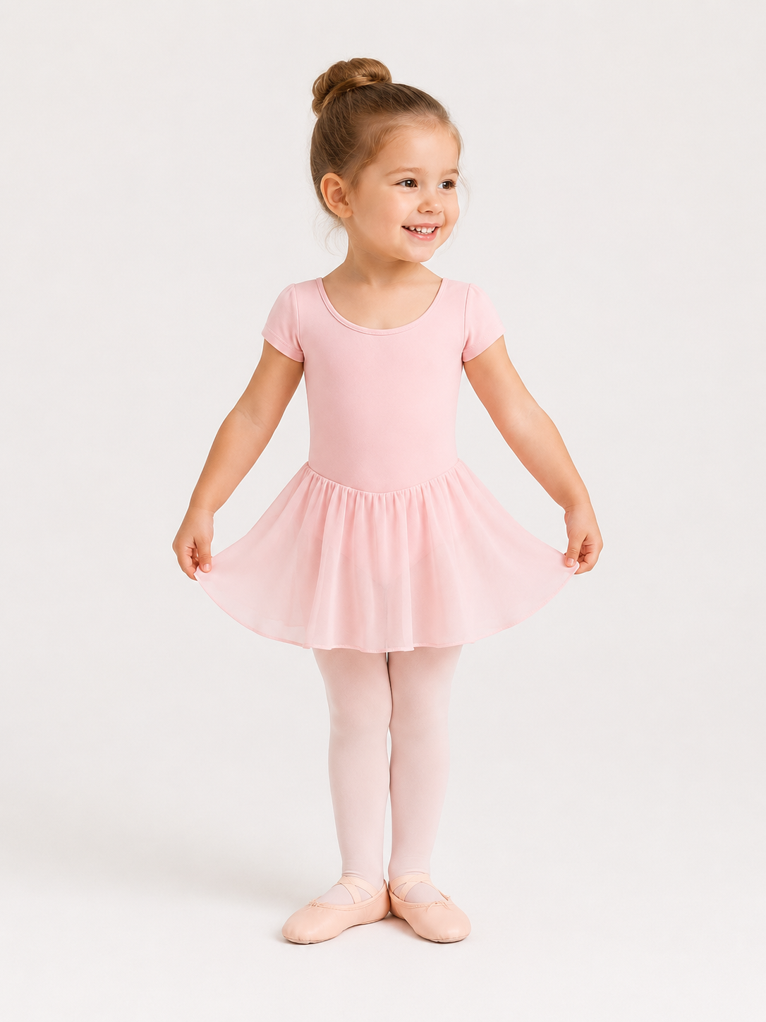 Pink short-sleeved leotard with attached skirt