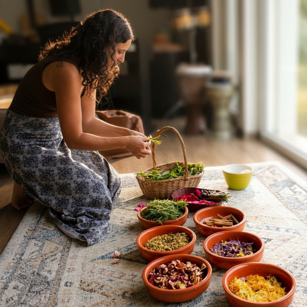 Woman sorting medicinal herbs in terracotta bowls