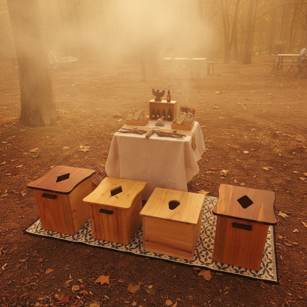 Wooden yoni steam seats displayed in sacred ritual setting