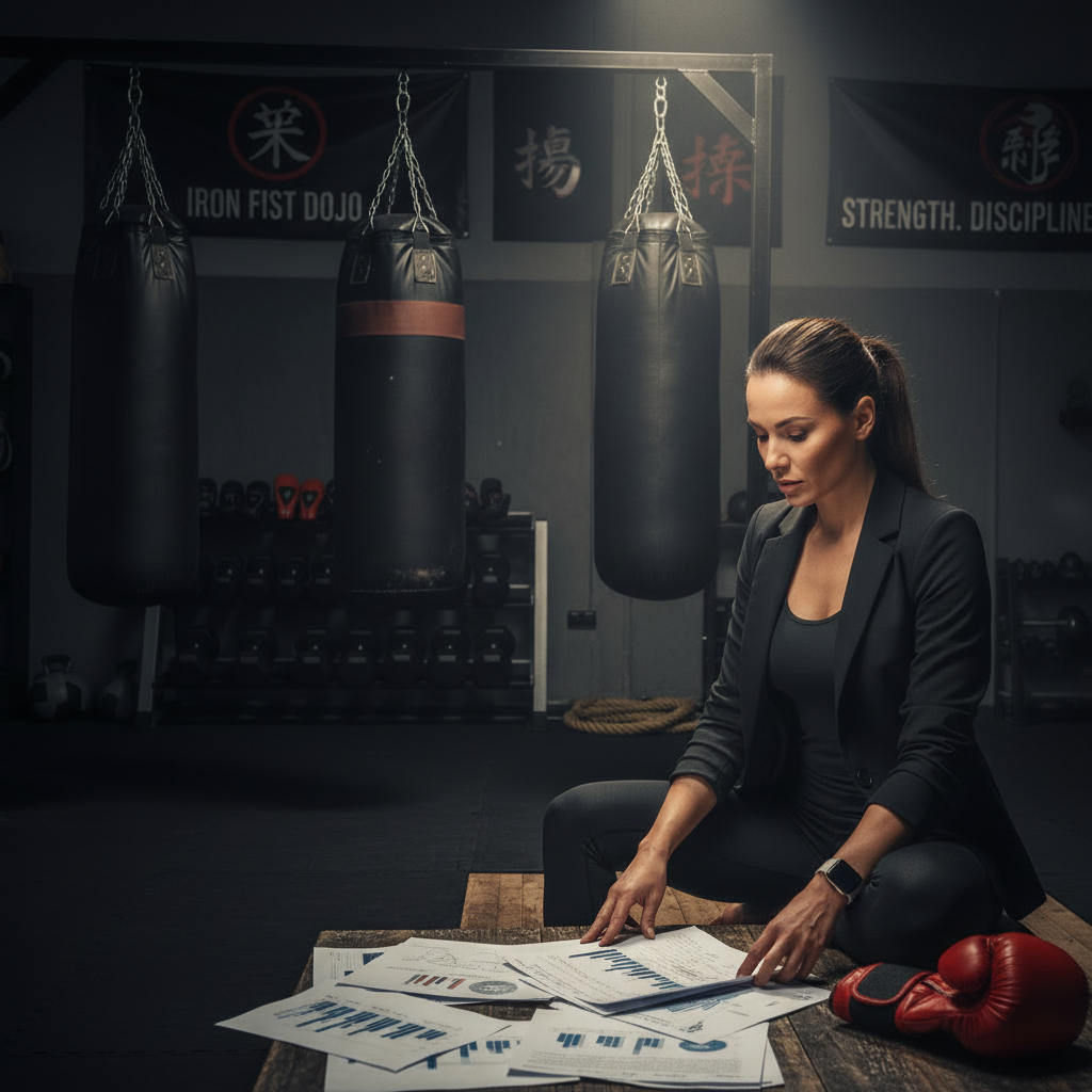 Gym owner working on finances in a martial arts gym