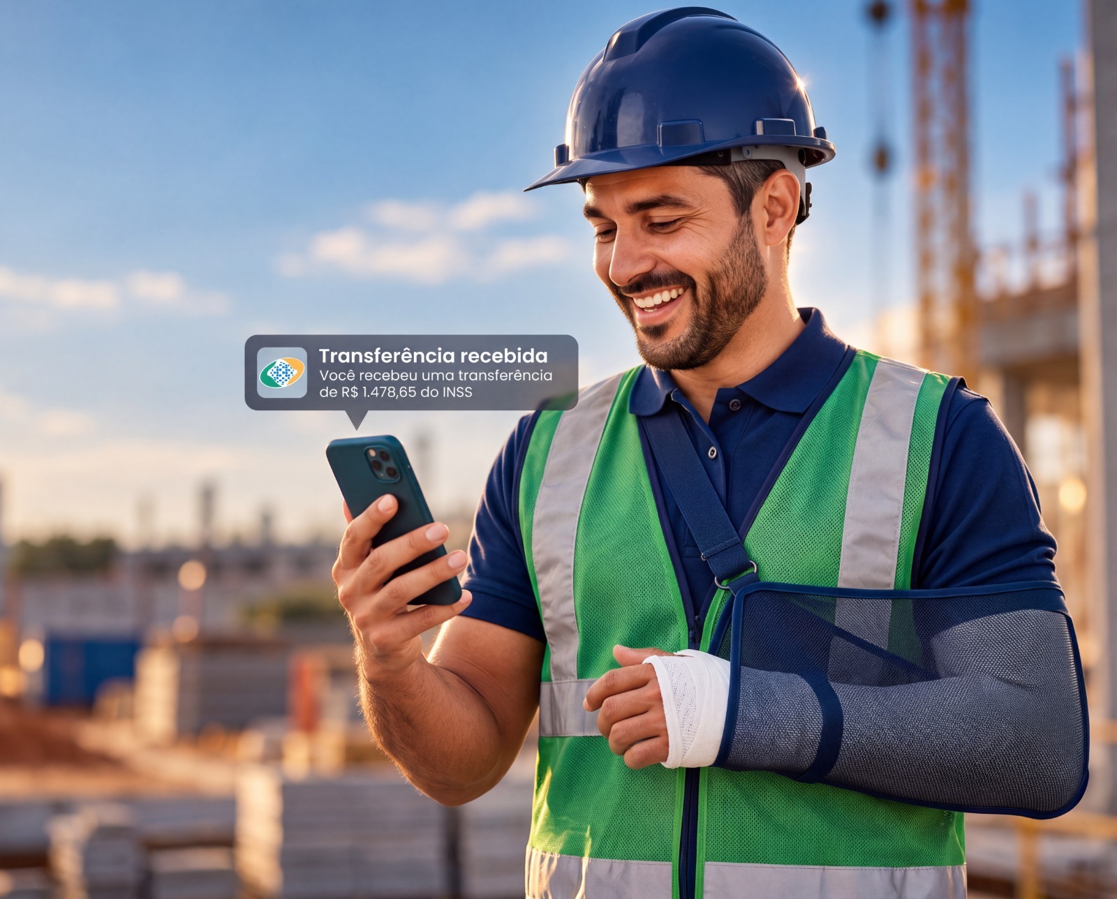 Trabalhador da construção civil com braço imobilizado recebendo notificação de transferência do INSS