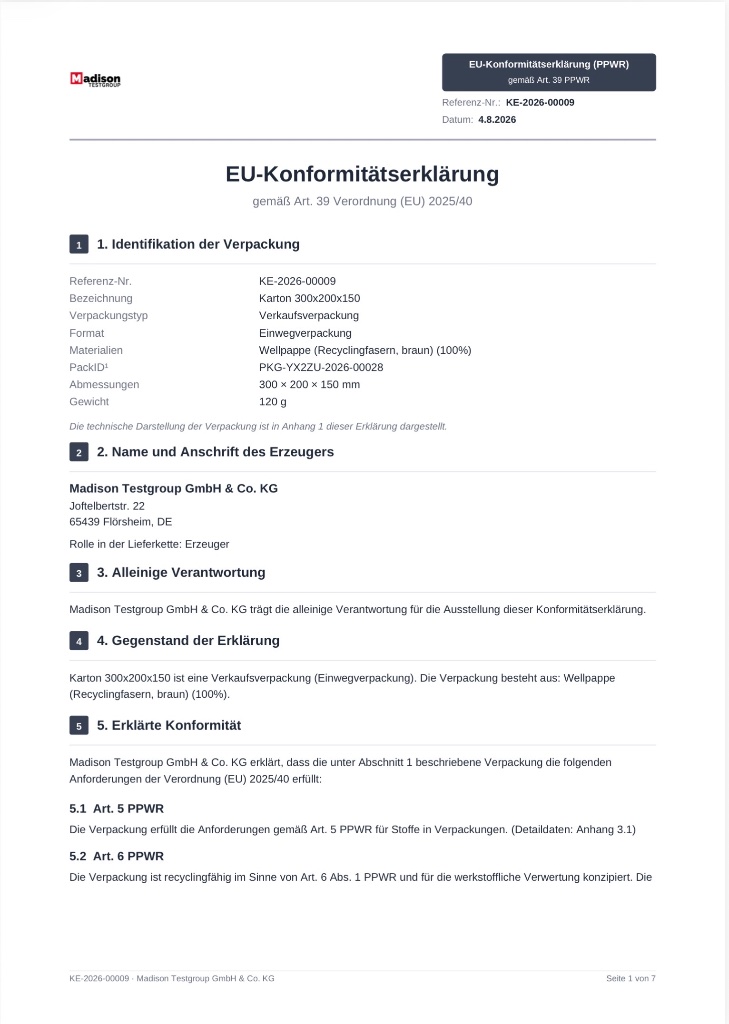 Beispiel einer mit Cerlify erstellten PPWR-Konformitätserklärung