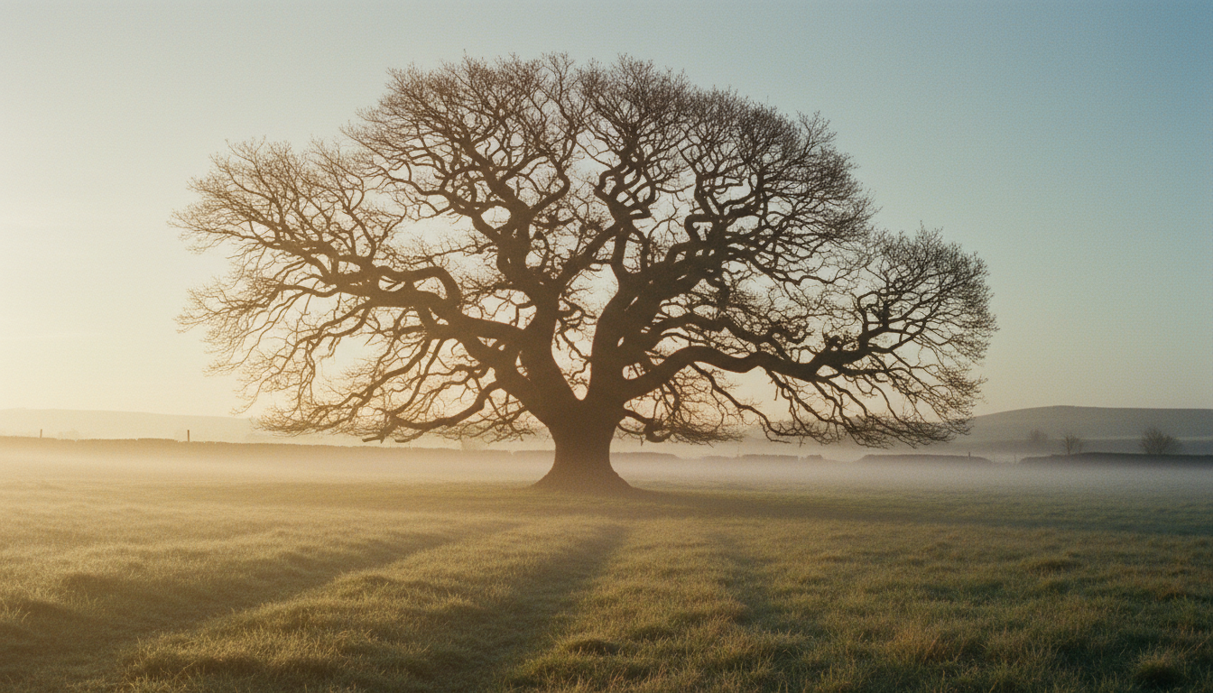 Ancient oak tree in morning mist
