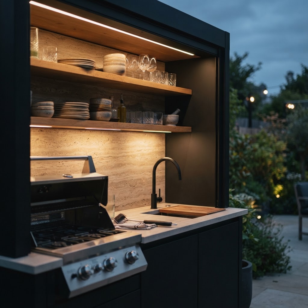 Outdoor kitchen pod interior detail with wood shelving, stone backsplash, and integrated appliances