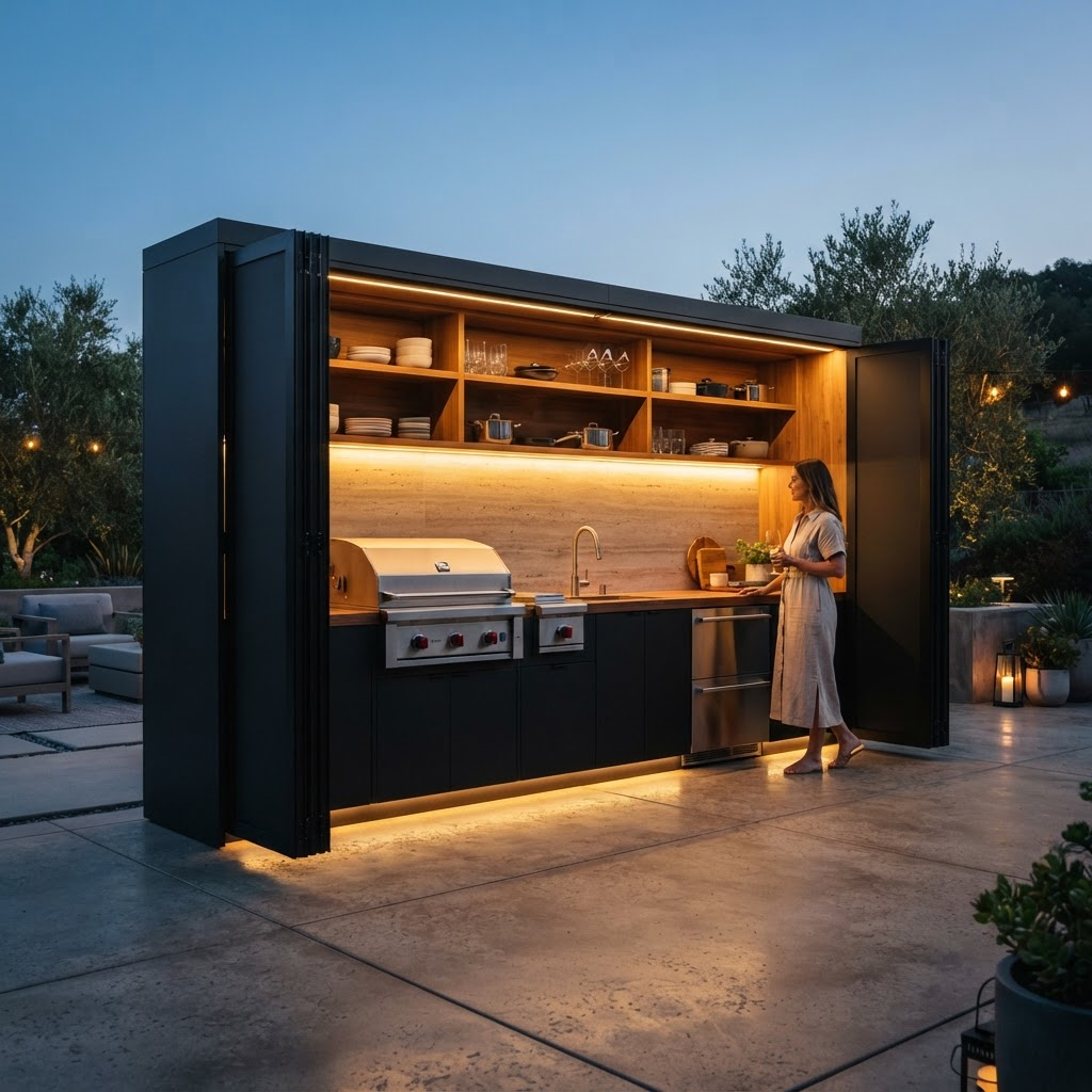Custom outdoor kitchen pod with bi-fold doors, integrated grill, sink, and refrigeration