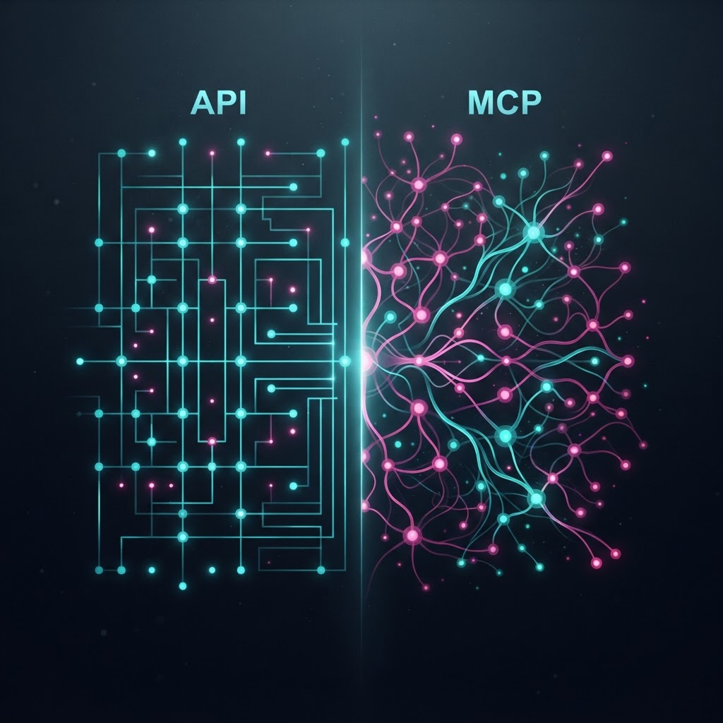 השוואה ויזואלית בין מבנה API נוקשה לבין רשת MCP גמישה