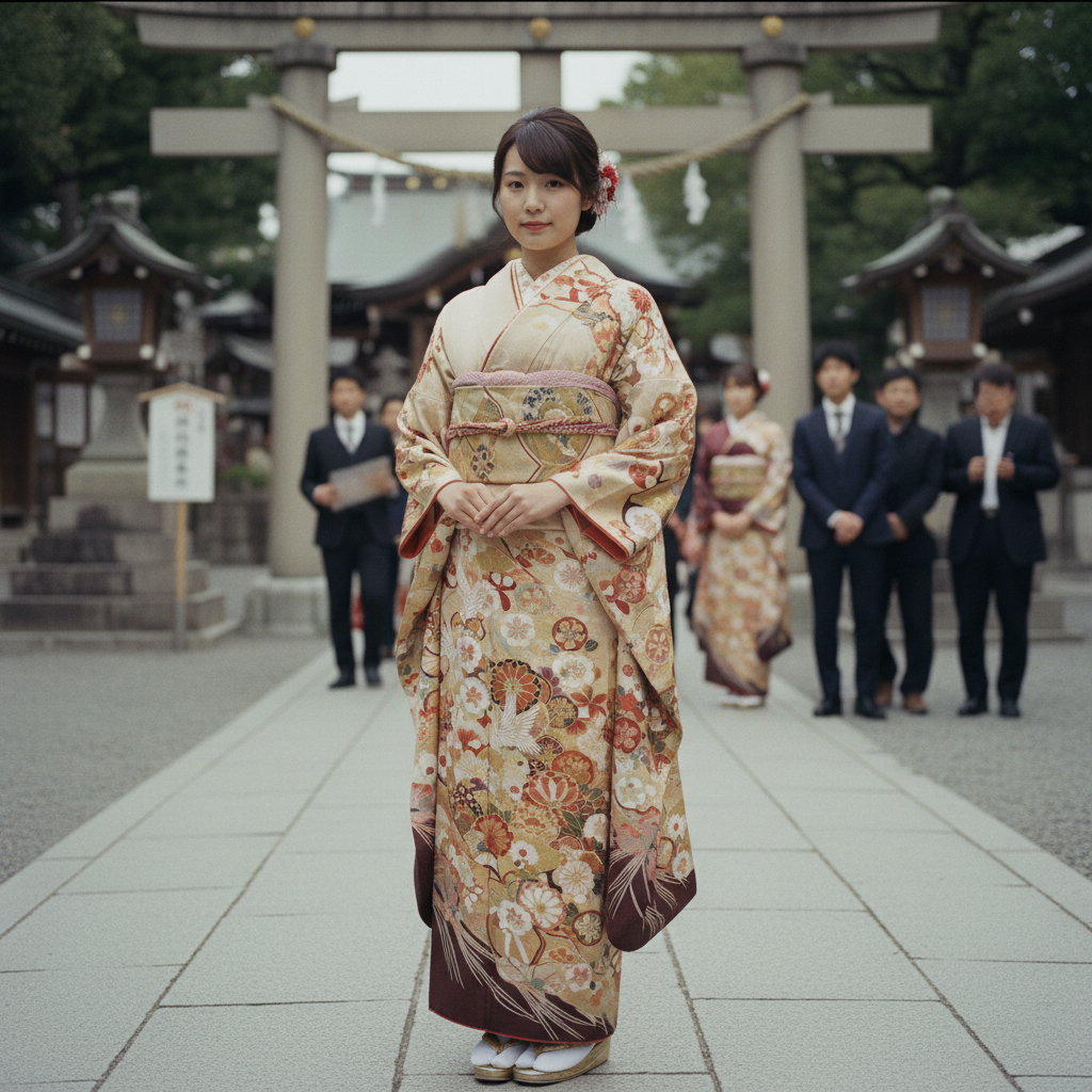 Furisode coming-of-age kimono with long sleeves and floral motif