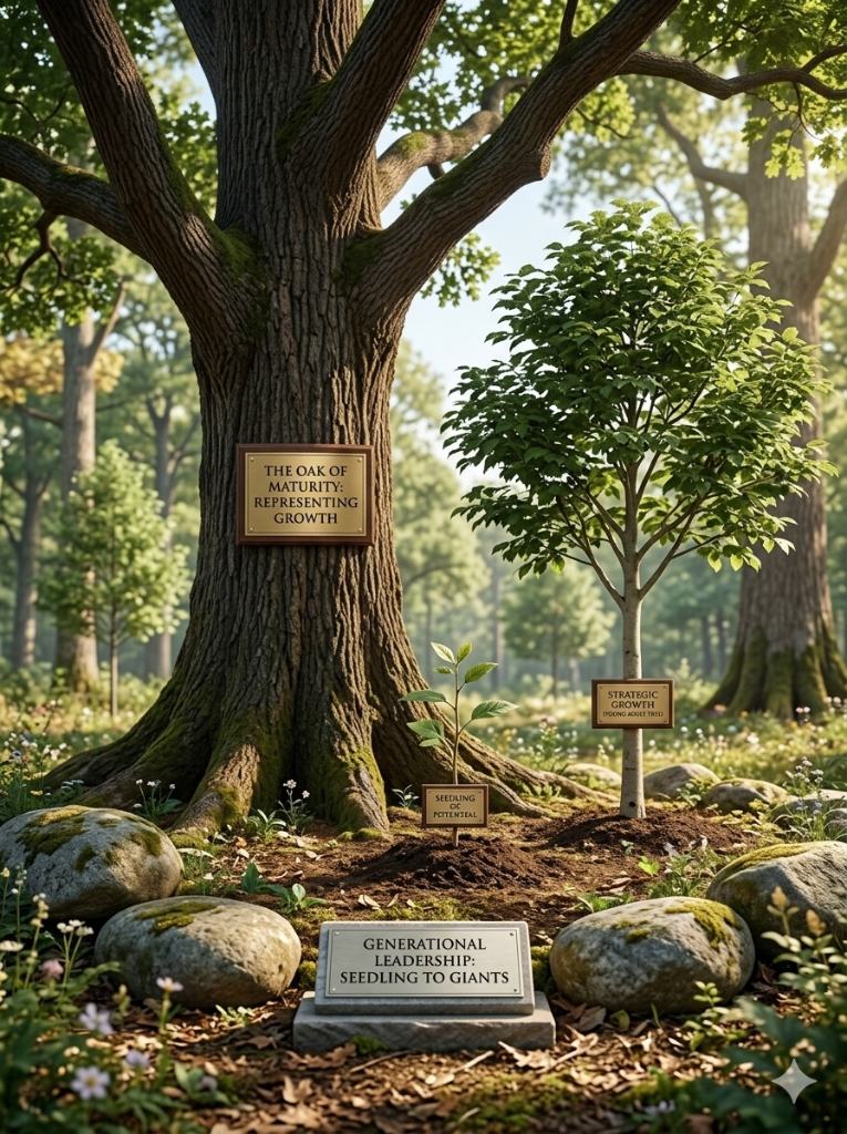 Forest growth from seedling to oak, representing generational growth