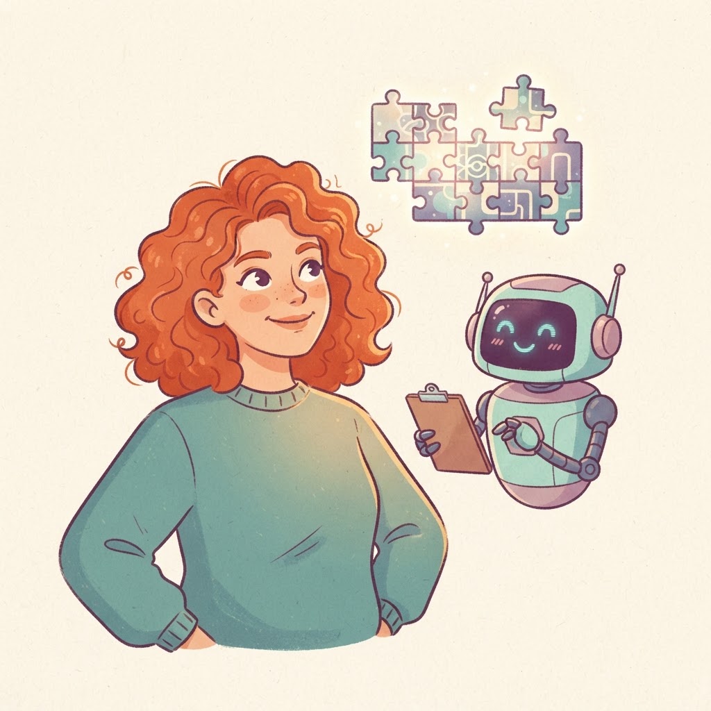 A red-haired business owner with a friendly robot assistant