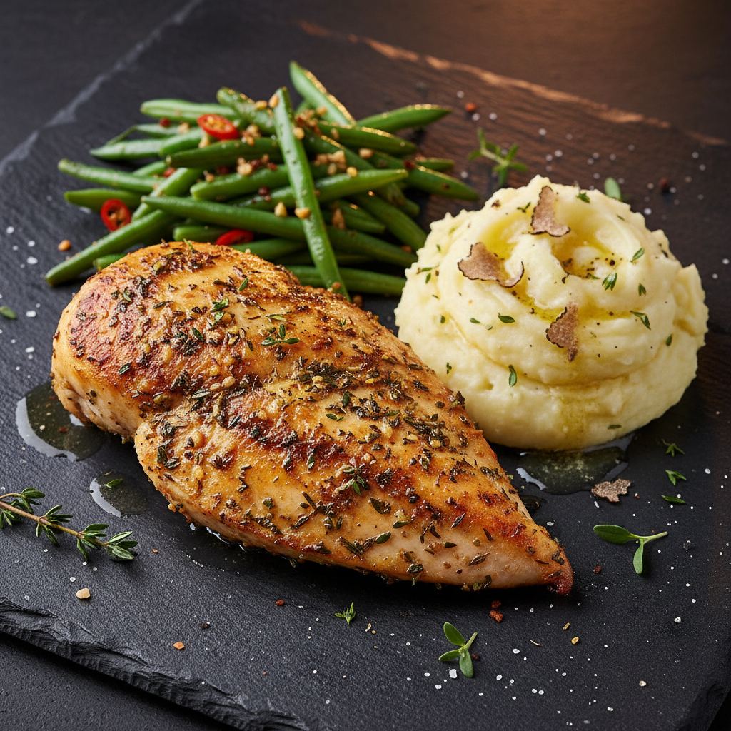 Southern Herb-Crusted Chicken with Garlic Green Beans and Truffle Mashed Potatoes