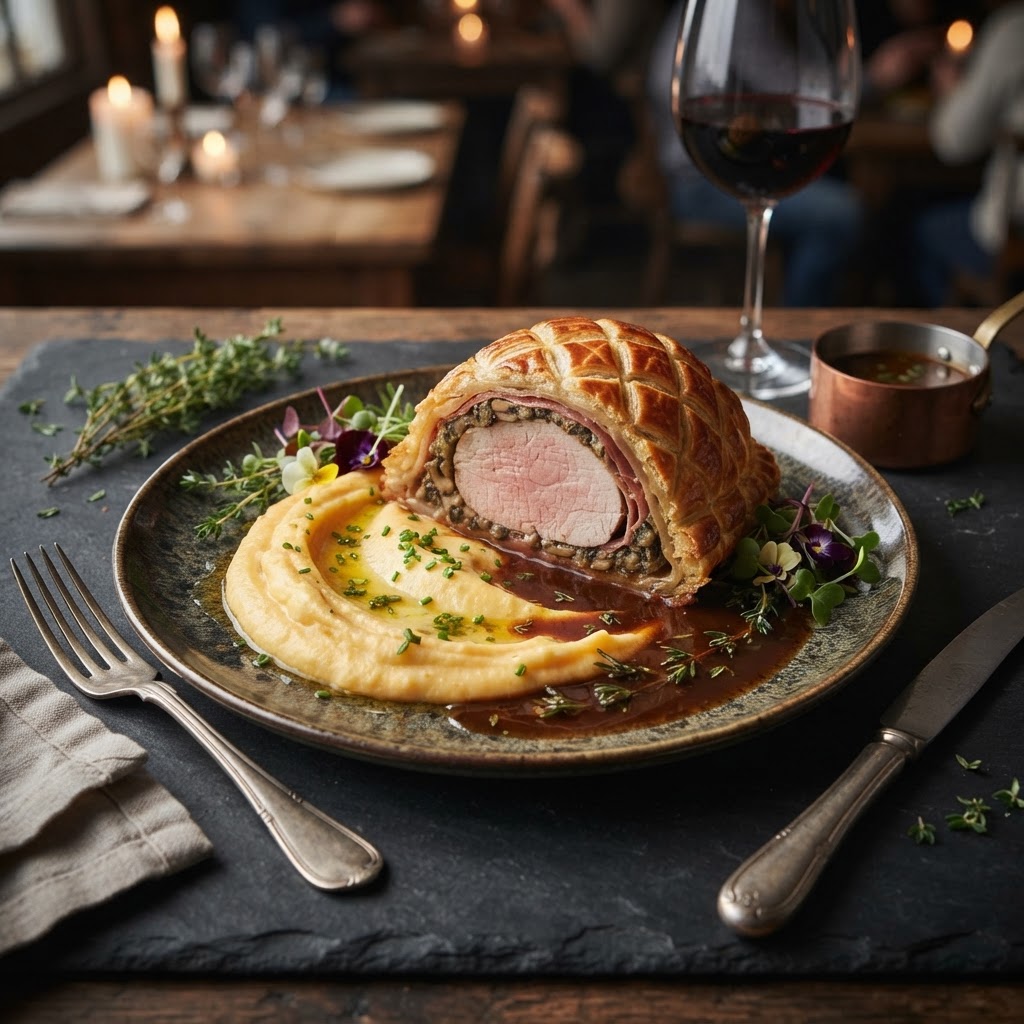 Pork Wellington with Carrot-Potato Purée and Herbed Jus
