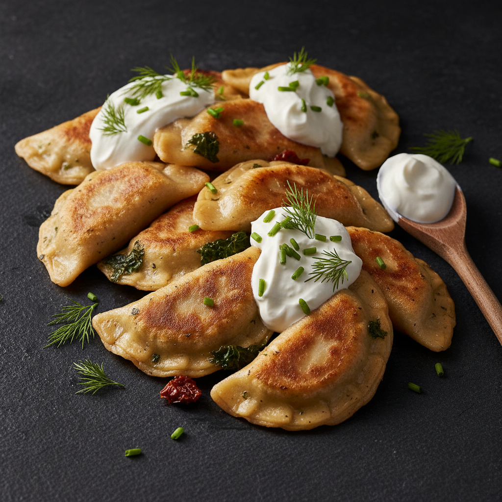 Kale and Tomato Pierogi with Herbed Sour Cream