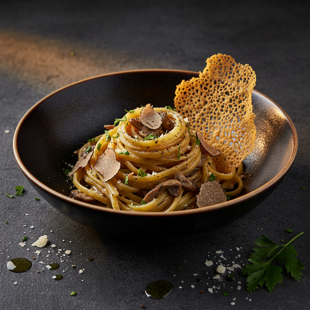 Truffle Tagliatelle with Wild Mushrooms and Parmesan Crisp