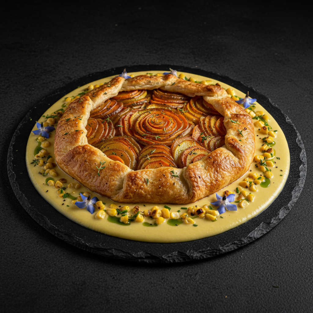 Potato-Carrot Galette with Corn Velouté
