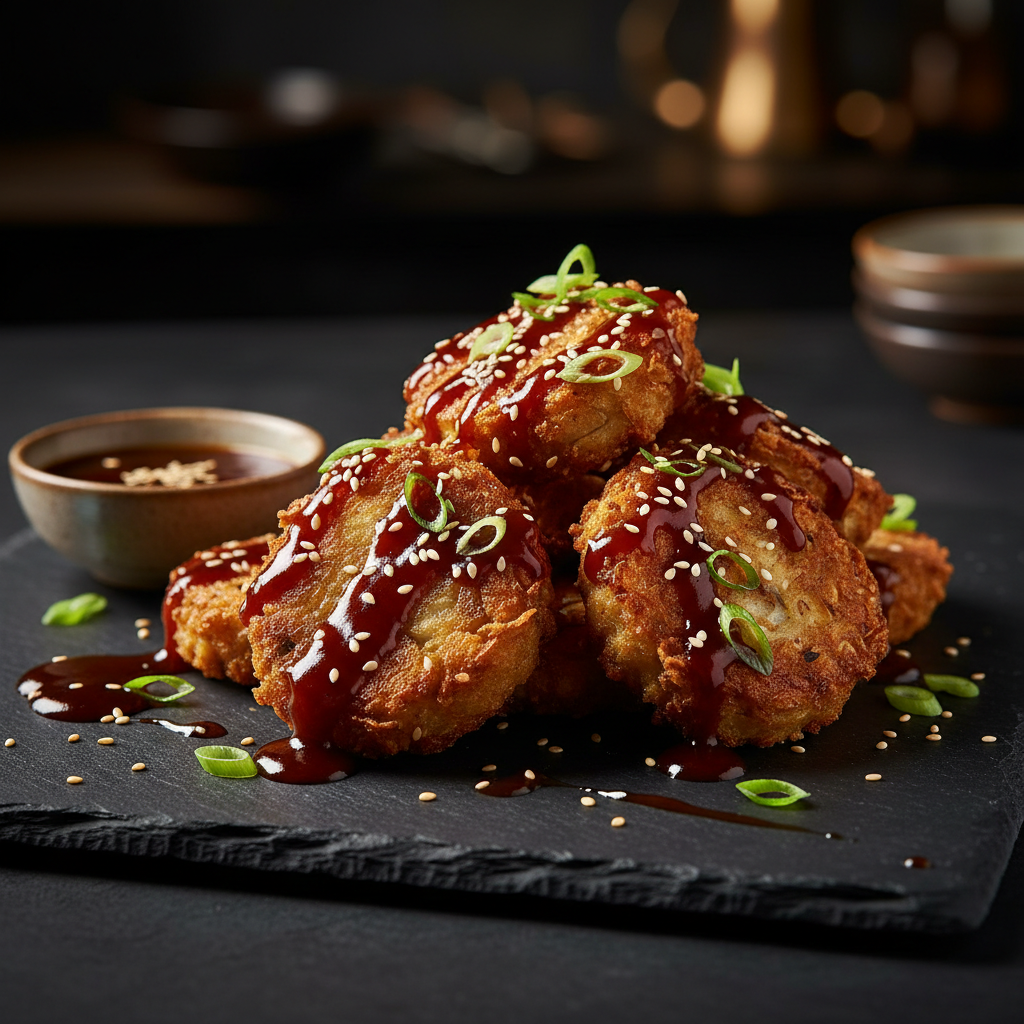 Crispy Asian Water Chestnut Cakes with Spicy Hoisin Glaze