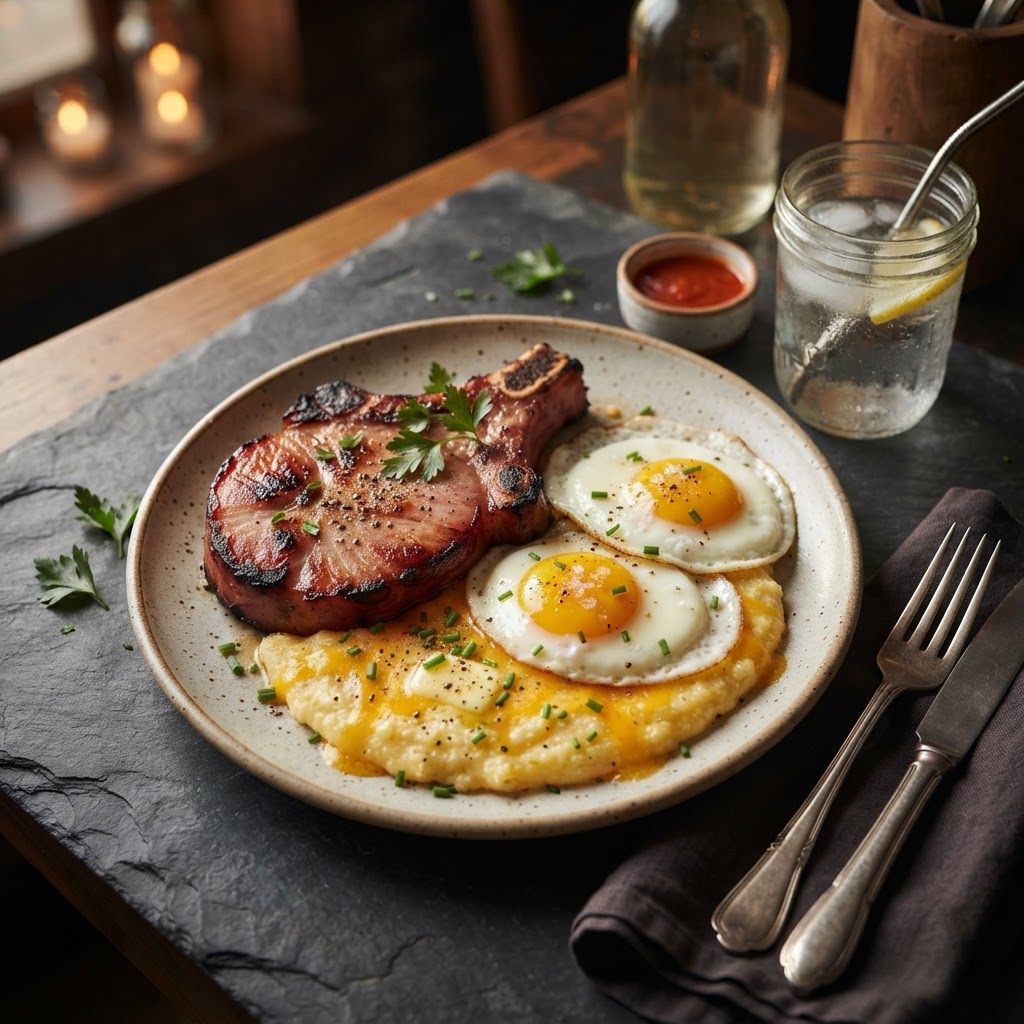 Southern Ham Steak and Eggs with Cheesy Grits