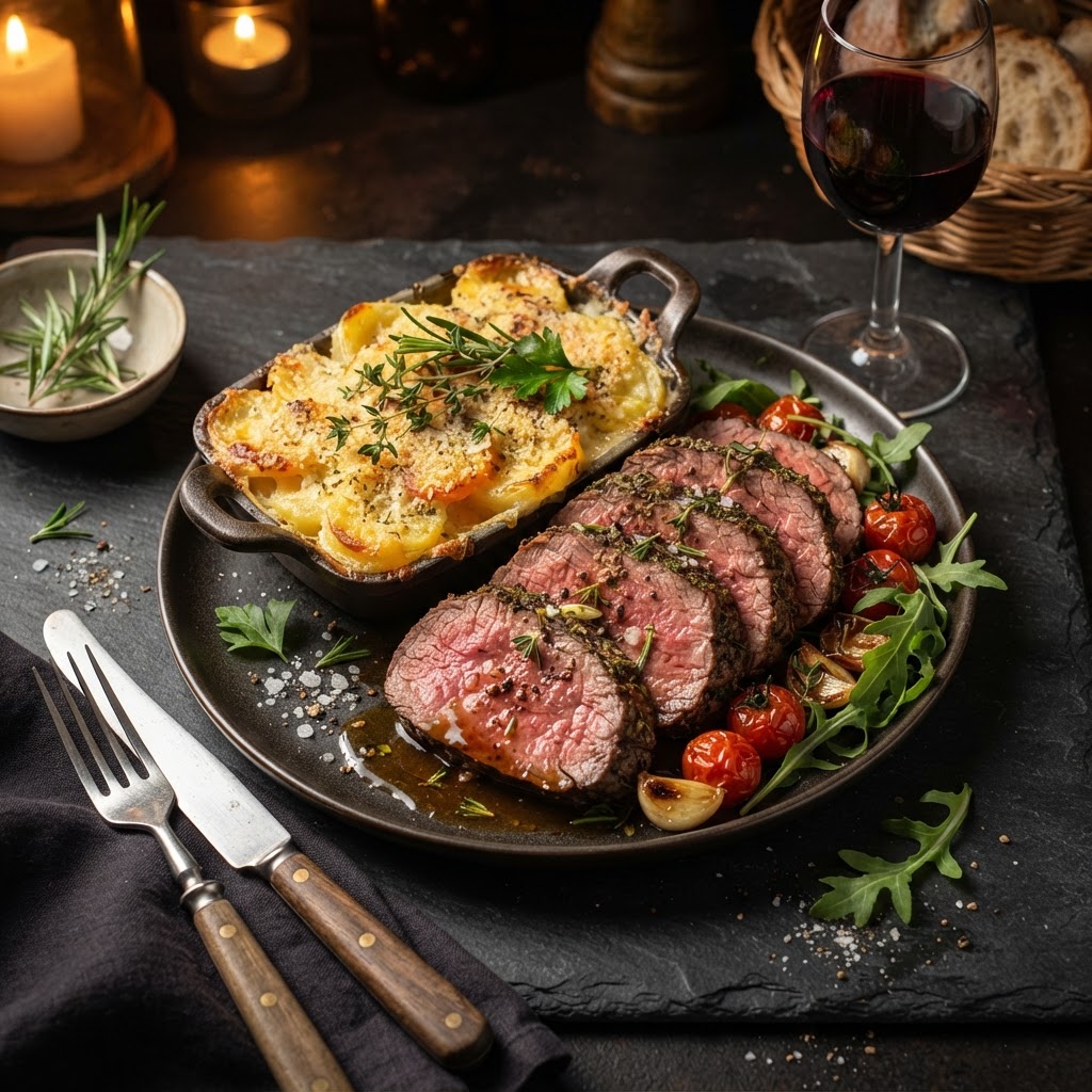 Tuscan Roast Beef with Herb-Infused Potato-Carrot Gratin