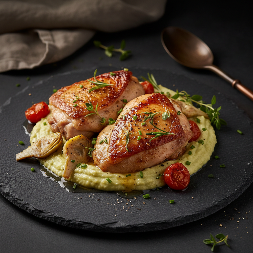 Cozy Herb-Infused Chicken Thighs with Artichoke Purée