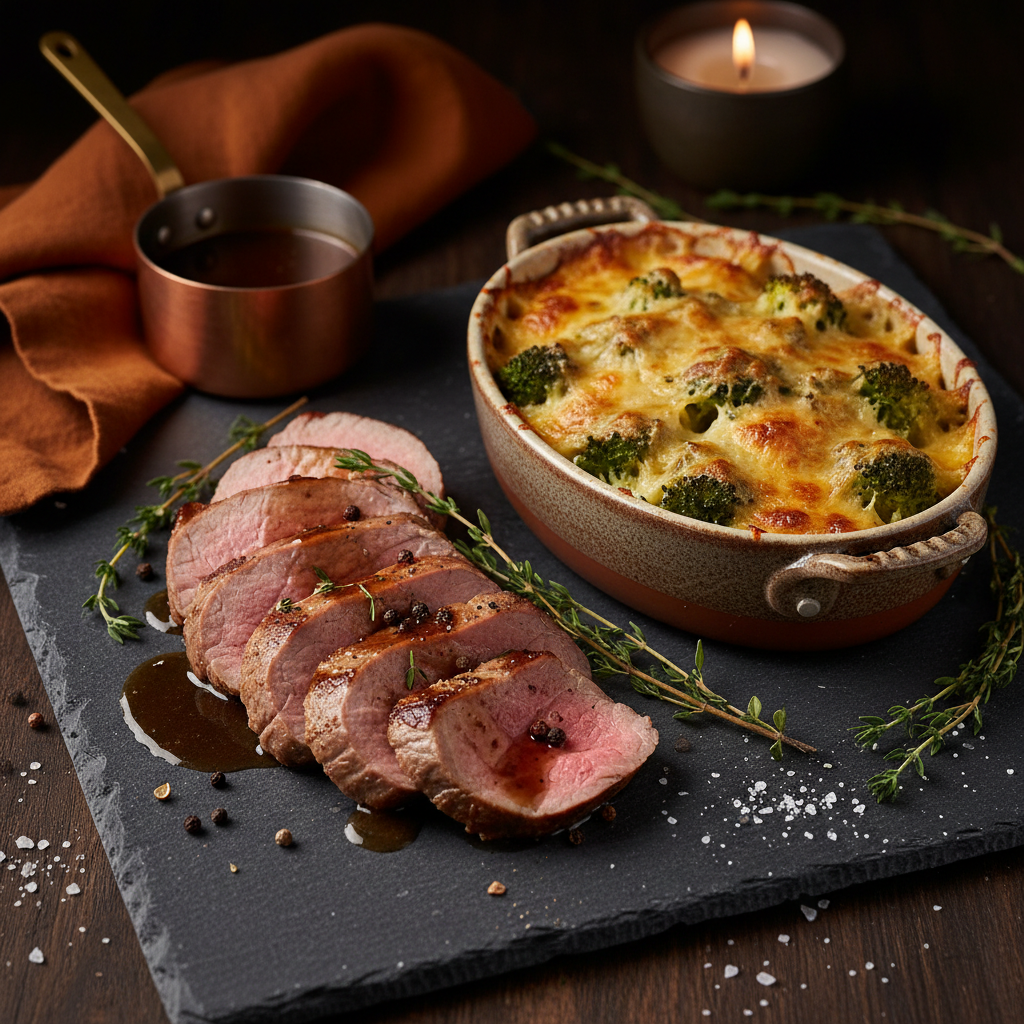 Pork Tenderloin with Broccoli Gratin