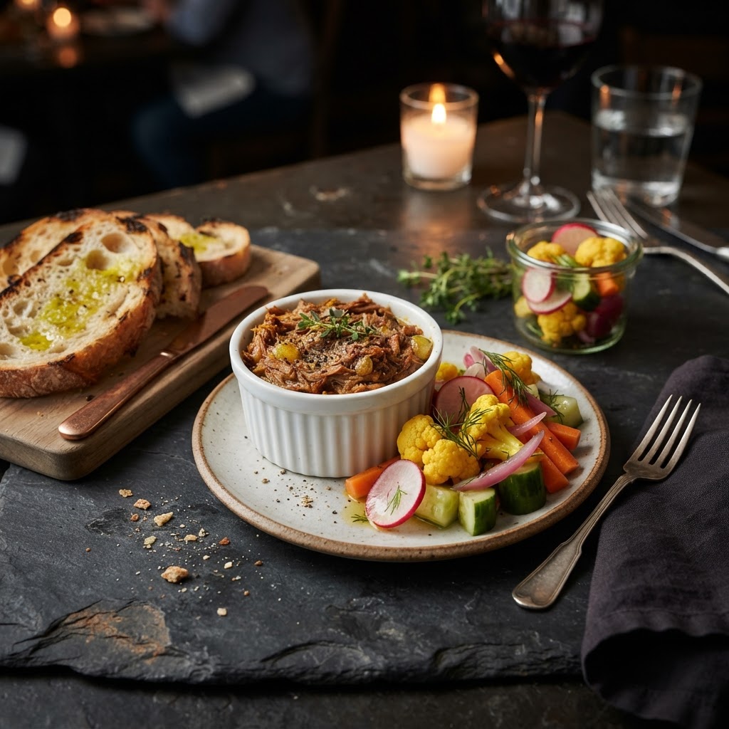 Spicy Pork Rillettes with Pickled Vegetable Medley