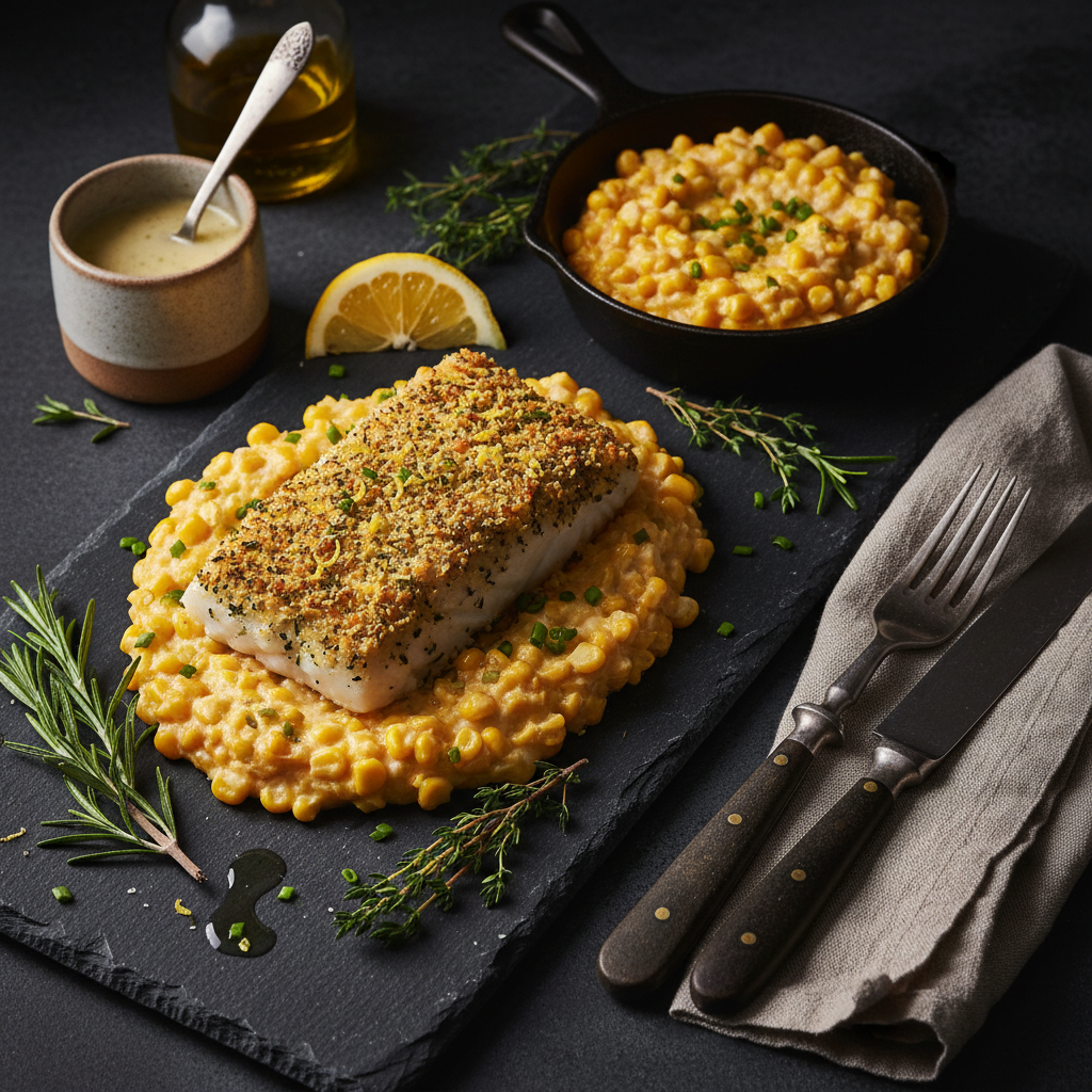 Lemon Herb Crusted Cod with Southern Corn Pudding