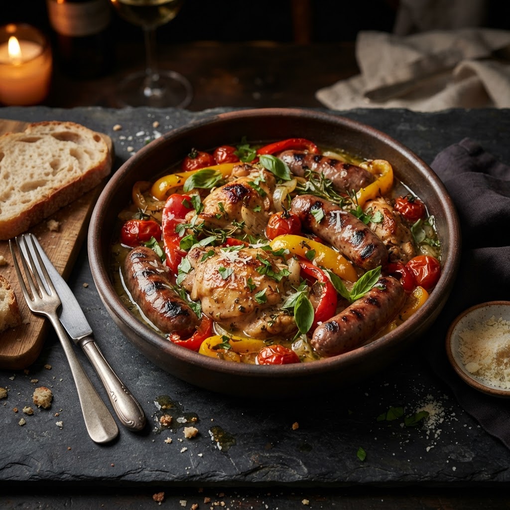 Tuscan Chicken Scarpariello with Grilled Sausage & Peppers