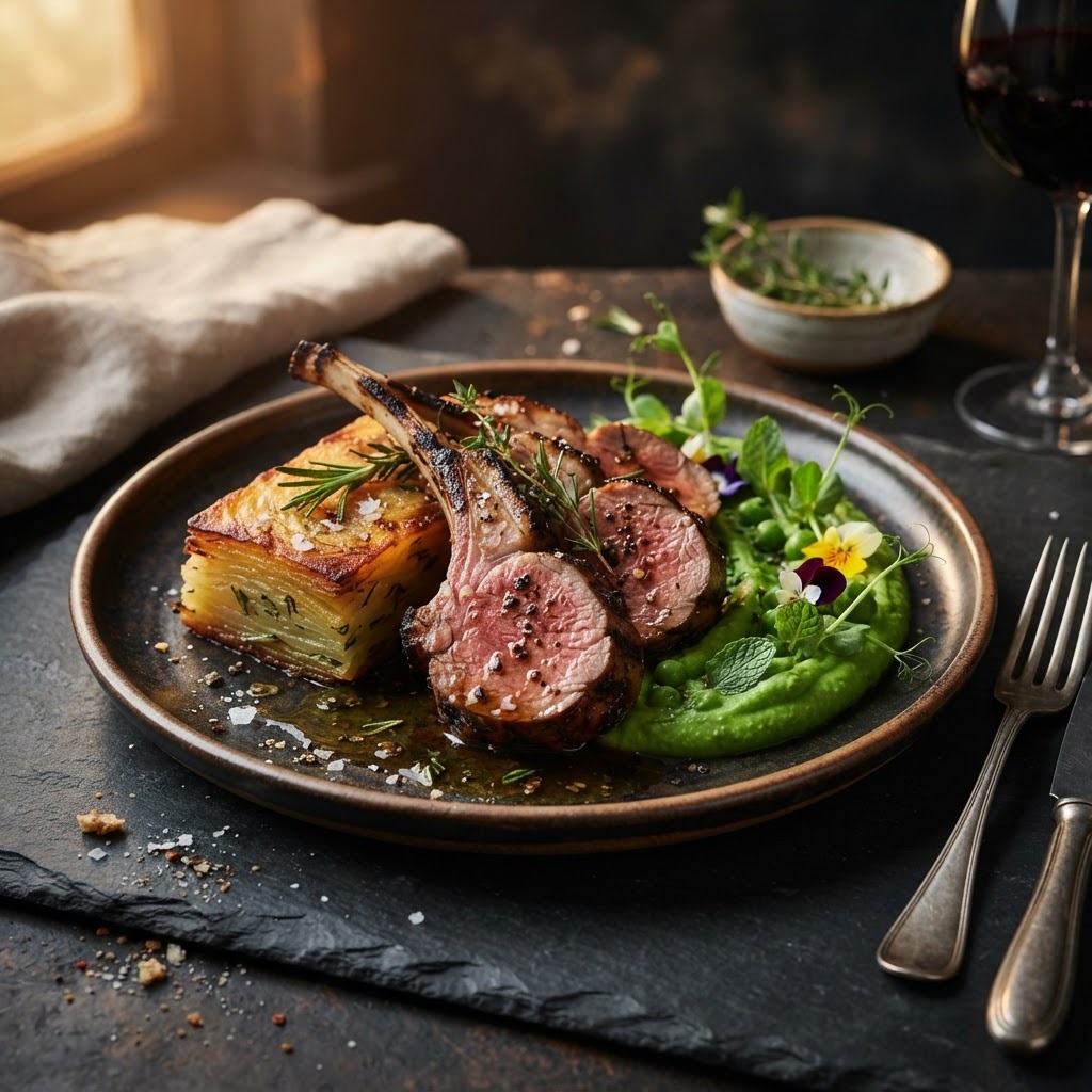Grilled Lamb with Rosemary Potato Pavé and Minted Pea Purée