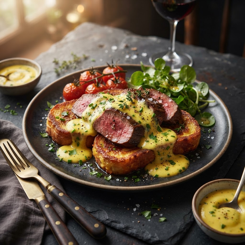 Flank Steak with Brioche French Toast and Savory Herbed Hollandaise