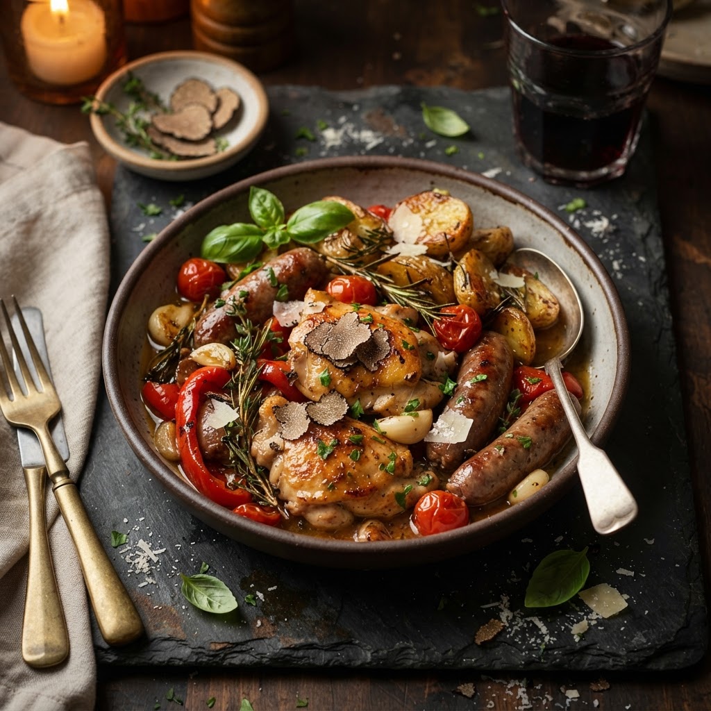 Truffle Chicken Scarpariello with Sausage & Sherry Reduction